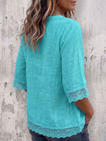 Vintage Art Comfortable Fabrics Cotton Linen Blend Patchwork Lace Shirt