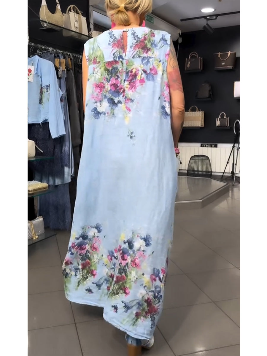 Casual Linen-cotton Floral Print Jacket And Sleeveless Dress Two-piece Set