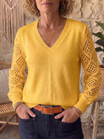 Women's Solid Color V-neck Long-sleeve Casual Loose Cut-out Knit Pullover