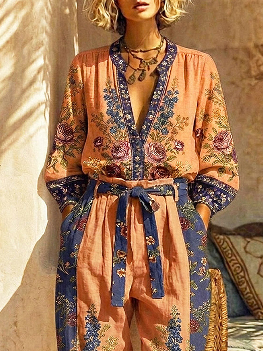 Women's Retro Floral Art Print Casual Top And Pants Cotton And Linen Two-piece Set