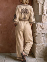 Women's Casual Loose Cotton-linen Wide-leg Jumpsuit With Placement Print, V-neck, And 3/4 Sleeves