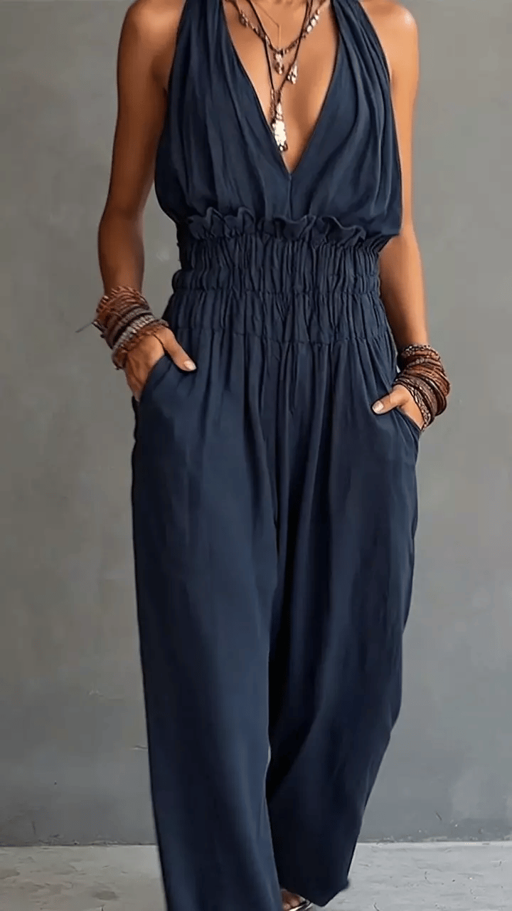 Women's Deep V-neck Backless Halter Neck Wide-leg Jumpsuit