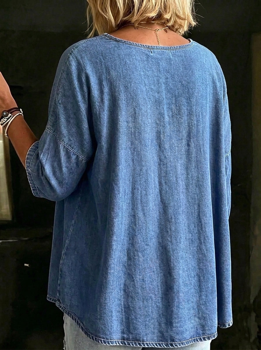 Women’s Floral Eyelet Embroidery 3/4 Sleeve Loose Denim Tunic Top