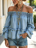 Retro Ruffle Off-shoulder Denim Loose Art Casual Stylish Chic Shirt