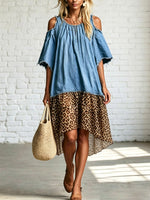Retro Leopard Pattern Denim Patchwork Loose Art Casual Midi Dress