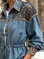 Women's Leopard Lace Spliced Drawstring Waist Denim Shirt Jacket