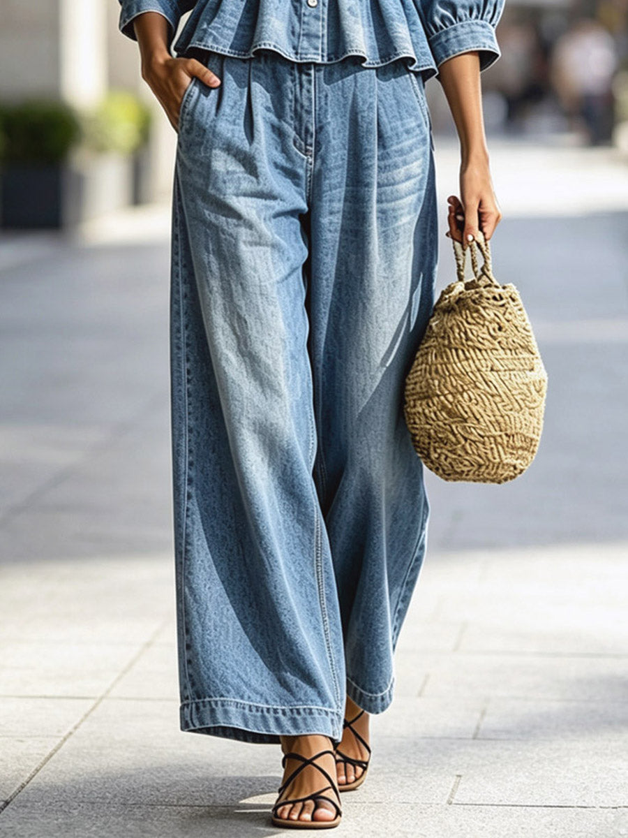 Ruffle Round Neck Button Art Casual Top And Pants Denim Two-piece Set