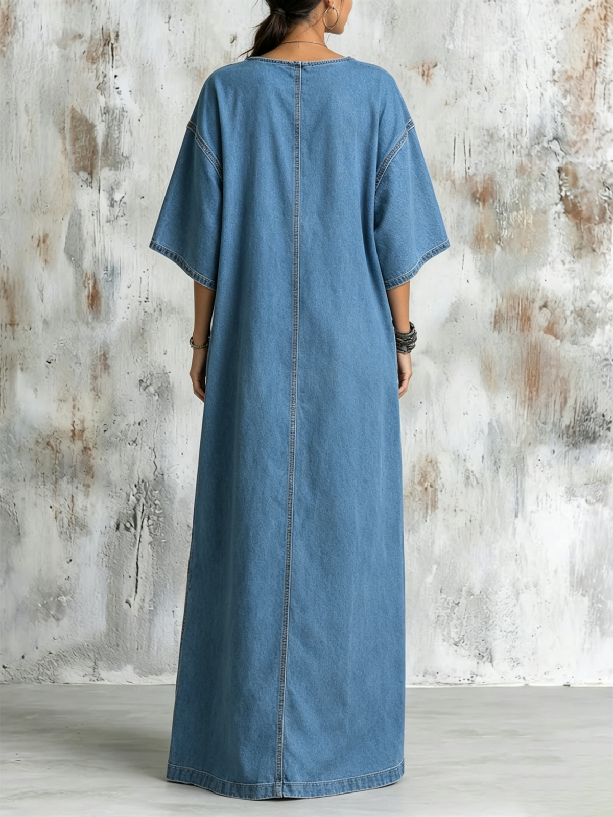 Washed Denim Ankle-length Dress Featuring A Round Neck, Dropped Shoulders, Wide Elbow-length Sleeves, Side Slits, And Large Patch Pockets In A Loose Fit