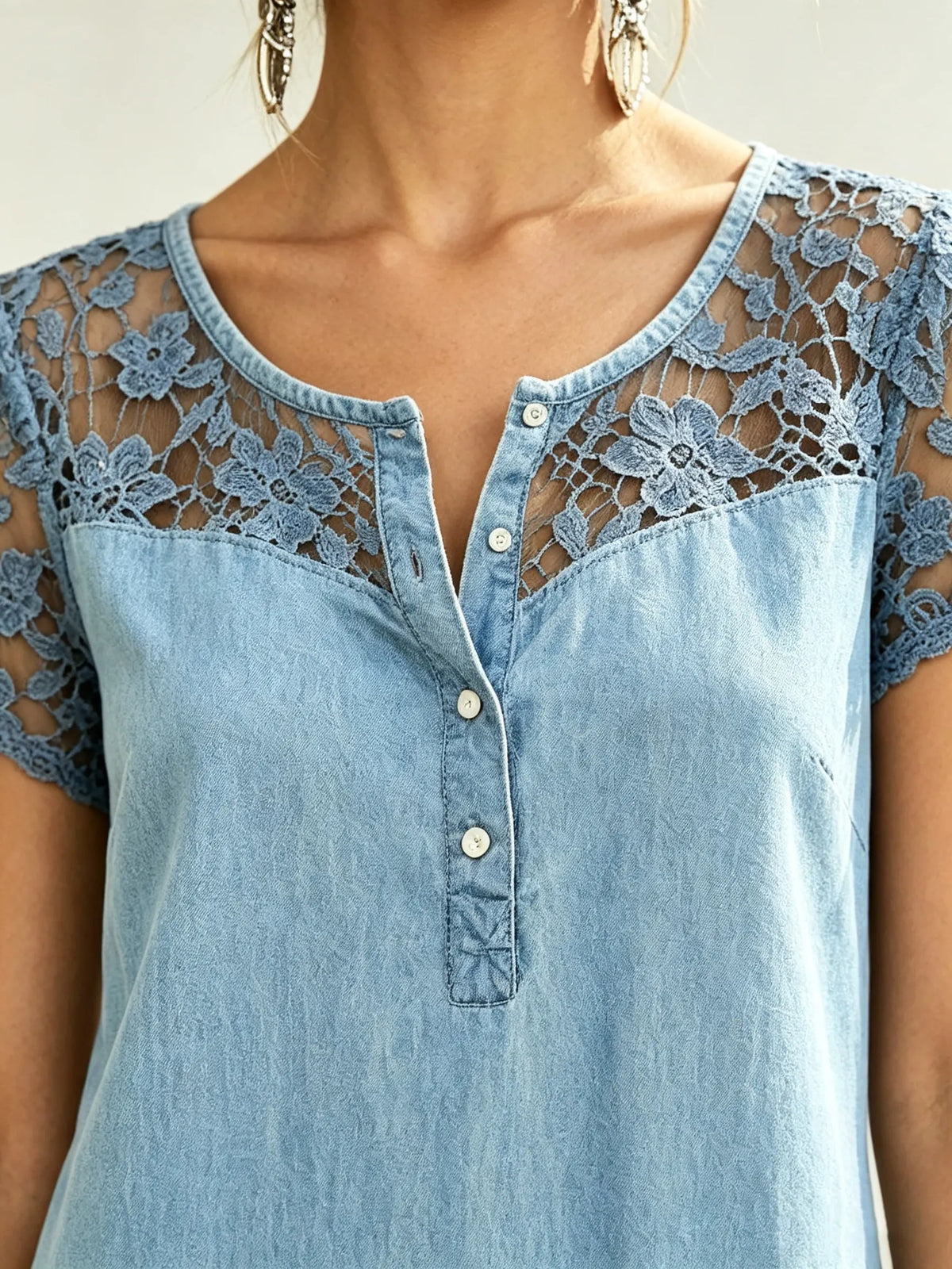 Women's Lace Panel V-Neck Pocket Denim Dress