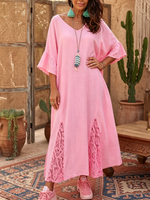 Bohemian V-neck Cotton-linen Dress With Lace Hem