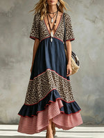 Women's Leopard Stripe Spliced V-Neck Tiered Maxi Dress