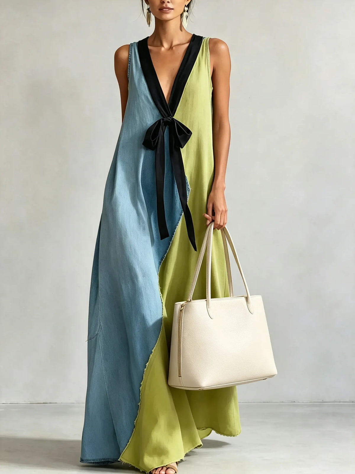 Women's Blue Green Color Block Denim Bow V Neck Maxi Dress