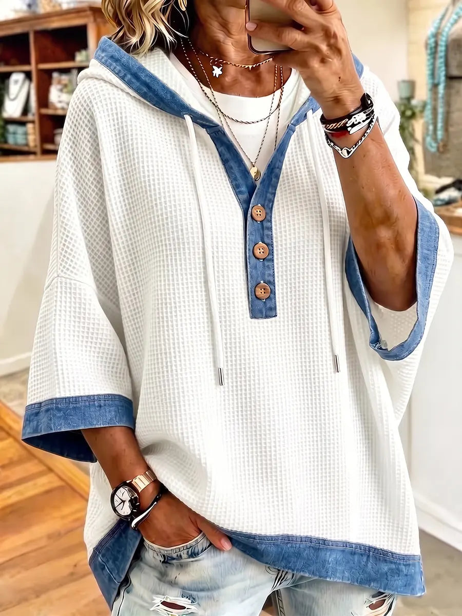 Casual Waffle Knit & Denim Trim Hooded Pullover
