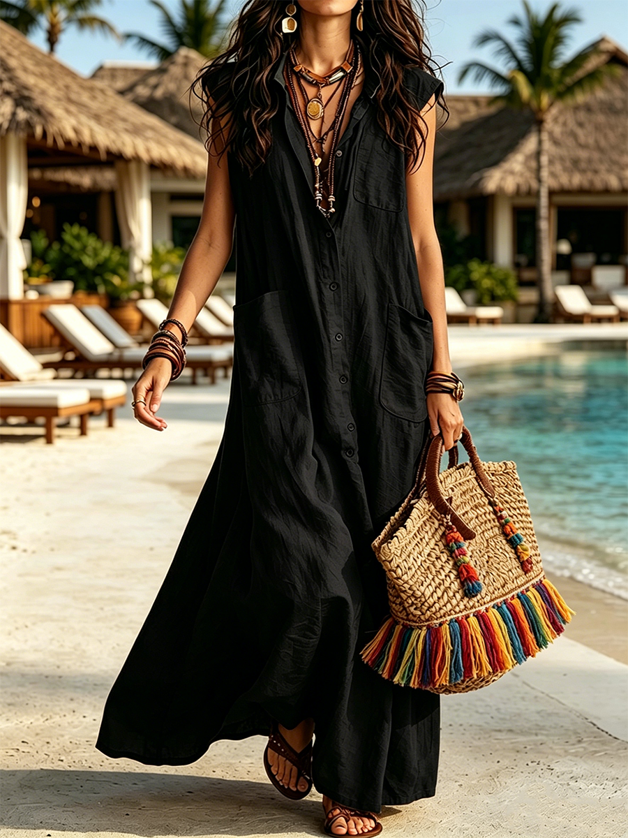Collared, Sleeveless, Full-button, Loose-fit Long Shirt Dress