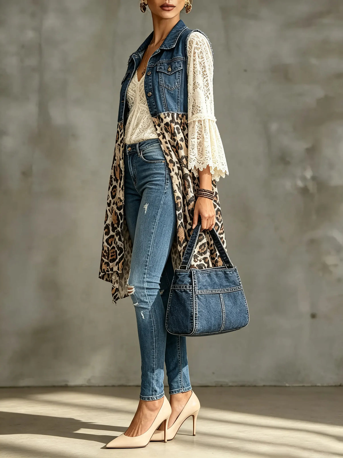Women's Leopard Print Lace Spliced Long Denim Vest