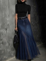 High Waist Diagonal Splice Denim Tulle Pleated Maxi Skirt