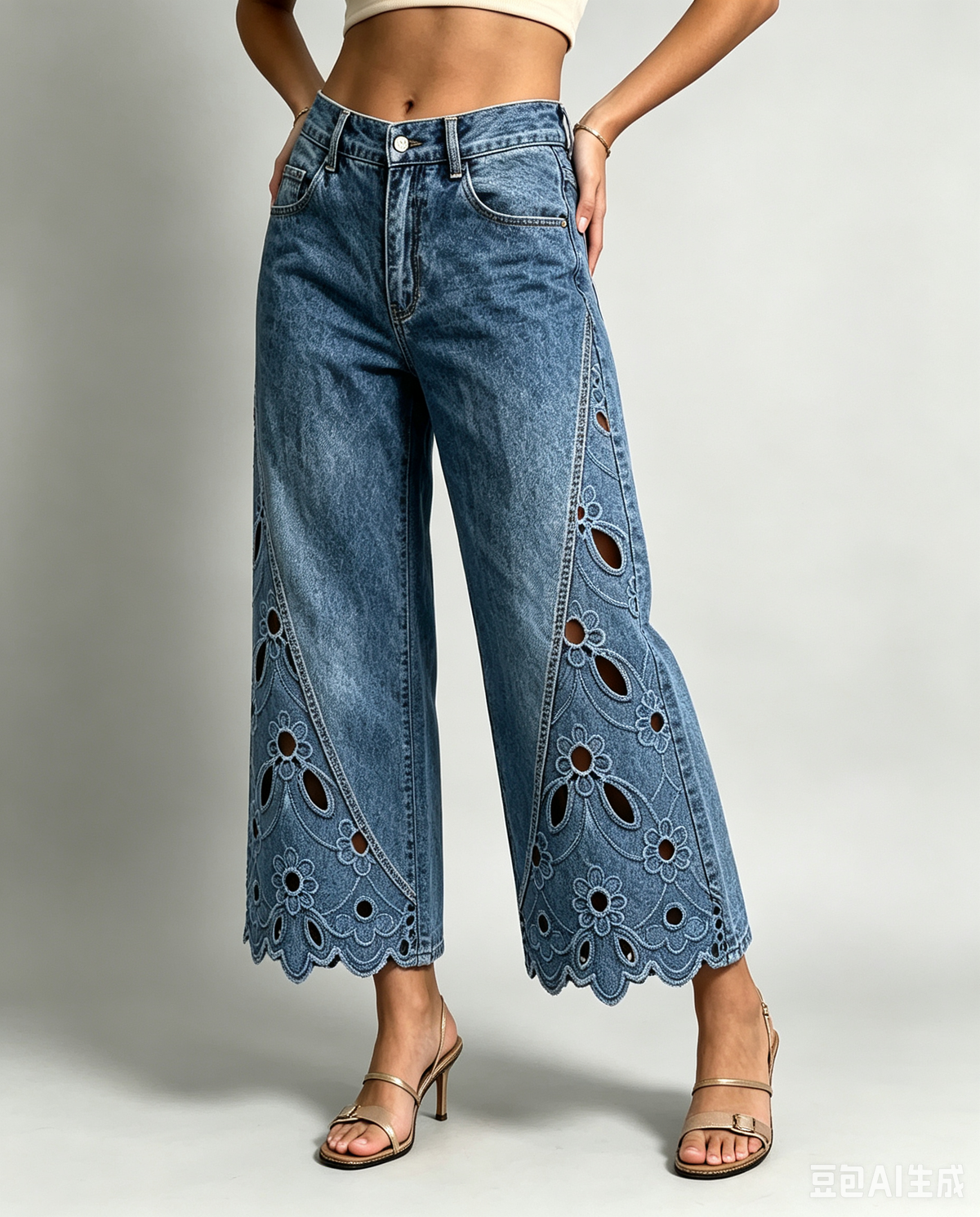 Chic Floral Cutout Cropped Wide-leg Jeans