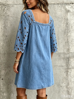 Boho-chic Square-neck Denim Dress With Floral-embroidered Sleeves