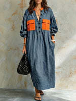 Casual Color-block Denim Dress With Pockets