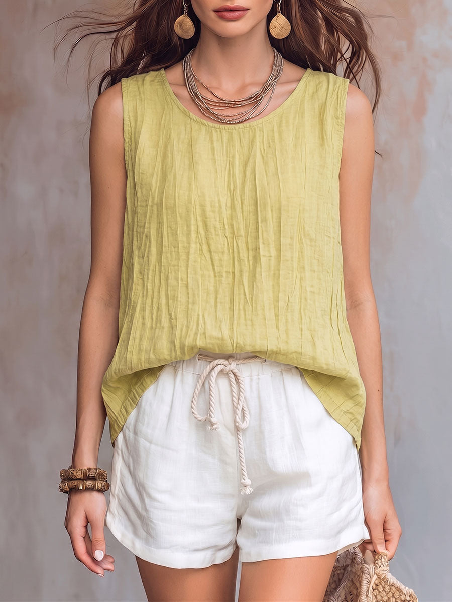 Women's Solid Color Crew Neck Sleeveless Casual Loose Cotton-linen Top