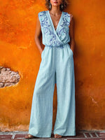 Boho Vintage V-neck Floral Print Sleeveless Jumpsuit