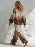 Loose And Cozy Two-piece Set Featuring A Gradient Leopard Print, Made Of A Linen-cotton Blend (shirt And Trousers).