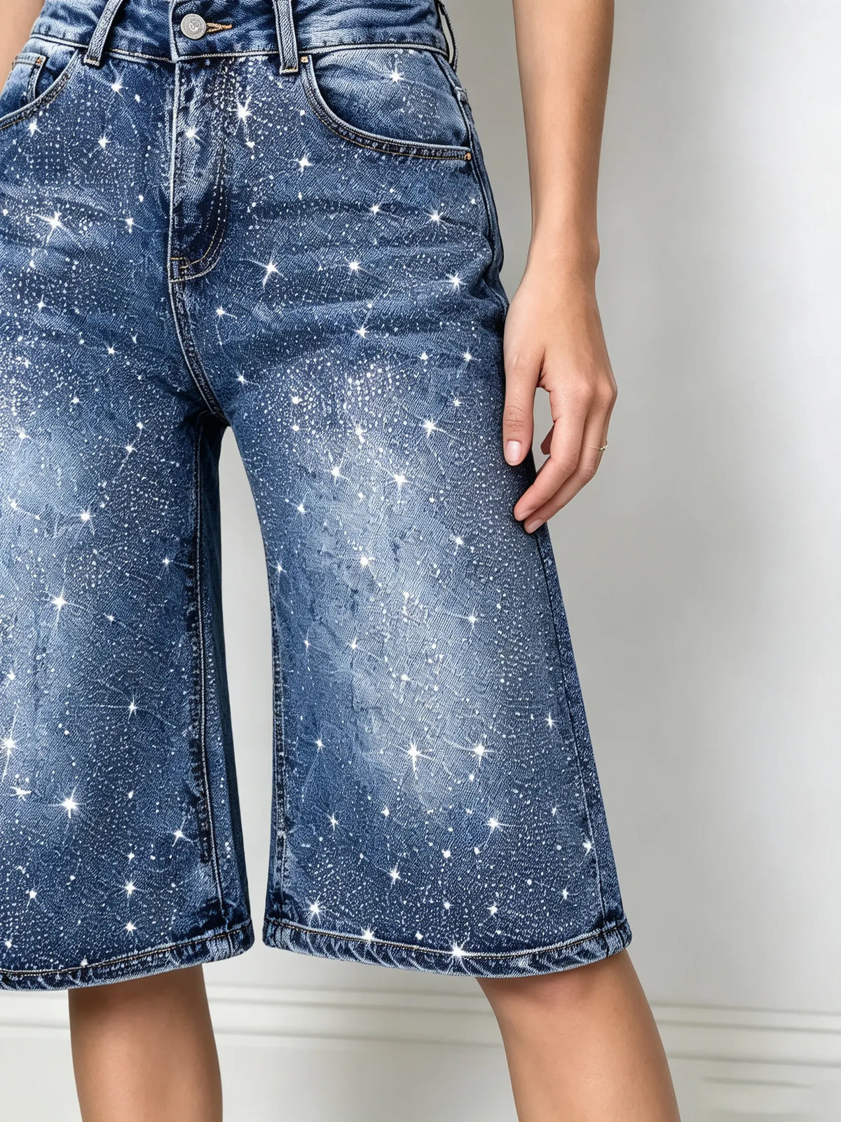 Women's Sparkly Denim Wide-Leg Shorts