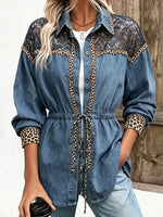 Women's Leopard Lace Spliced Drawstring Waist Denim Shirt Jacket