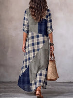 Vintage-Inspired Patchwork Plaid V-Neck Maxi Dress