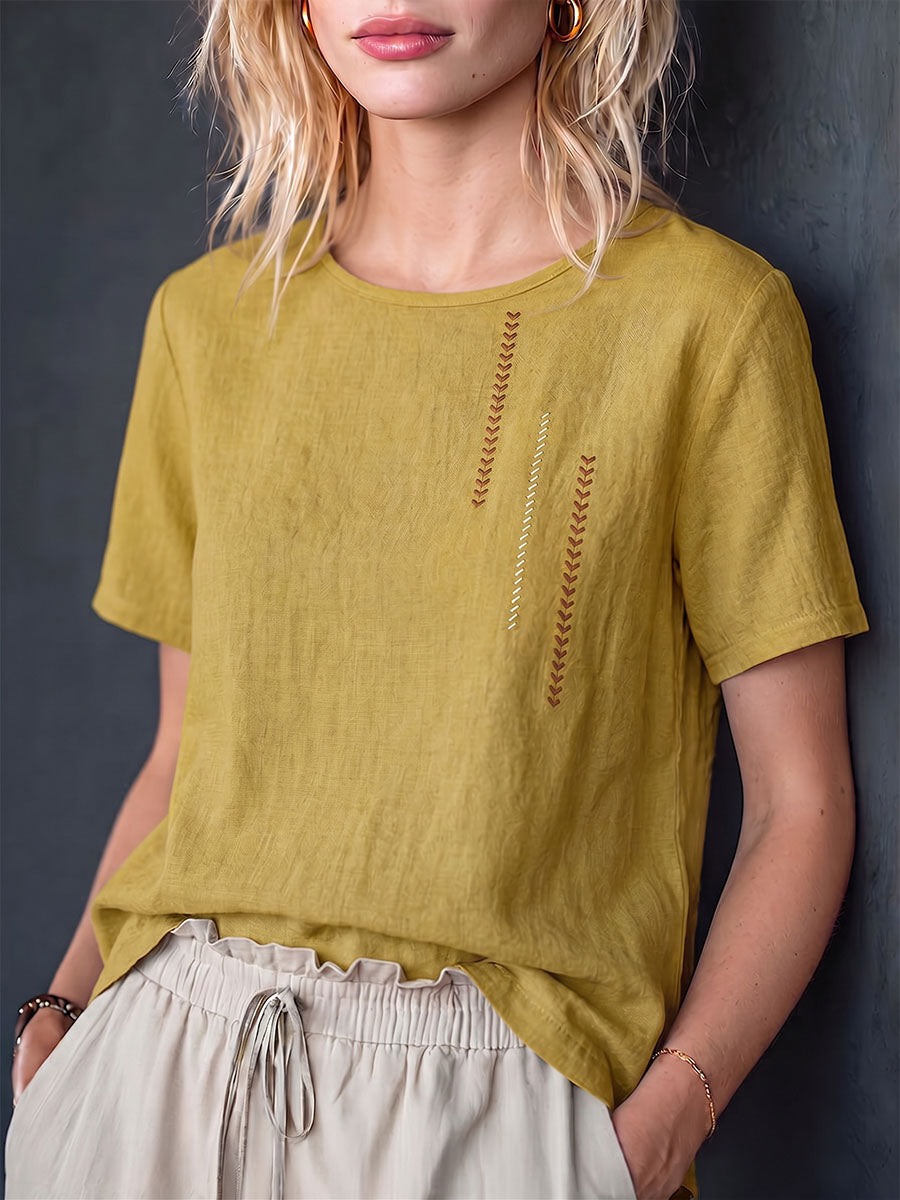 Women's Casual Loose-fit Cotton-linen Top With Placement Embroidery, Crew Neck, And Short Sleeves