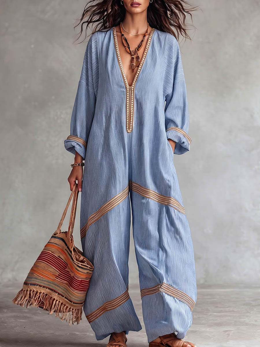Women's Striped Print V-neck Long-sleeve Casual Loose Cotton-linen Wide-leg Jumpsuit