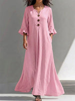 Long Dress Featuring A Partial Button-front, Gathered Details, Ruffled Three-quarter Sleeves, And A Flattering, Figure-concealing Fit
