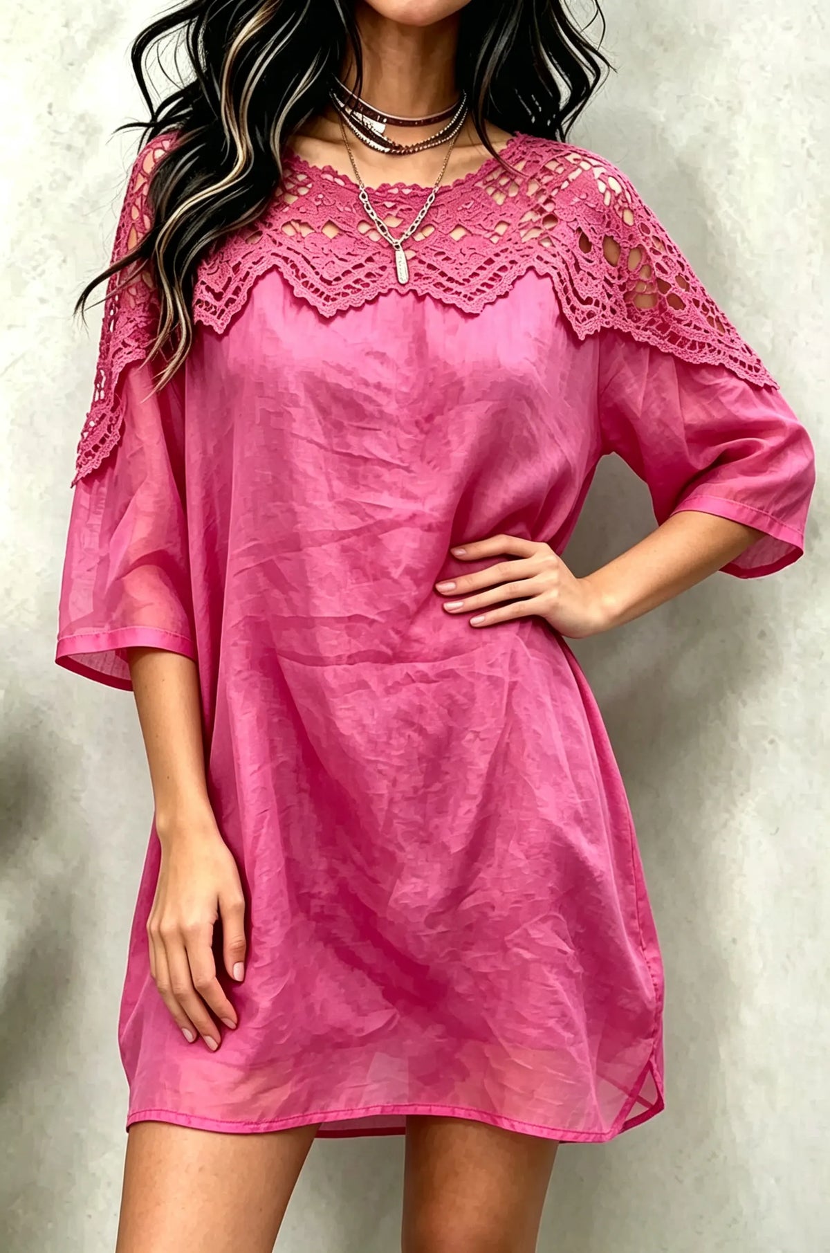 Women's Solid Crochet Lace Hot Pink Chiffon Loose Tunic Dress