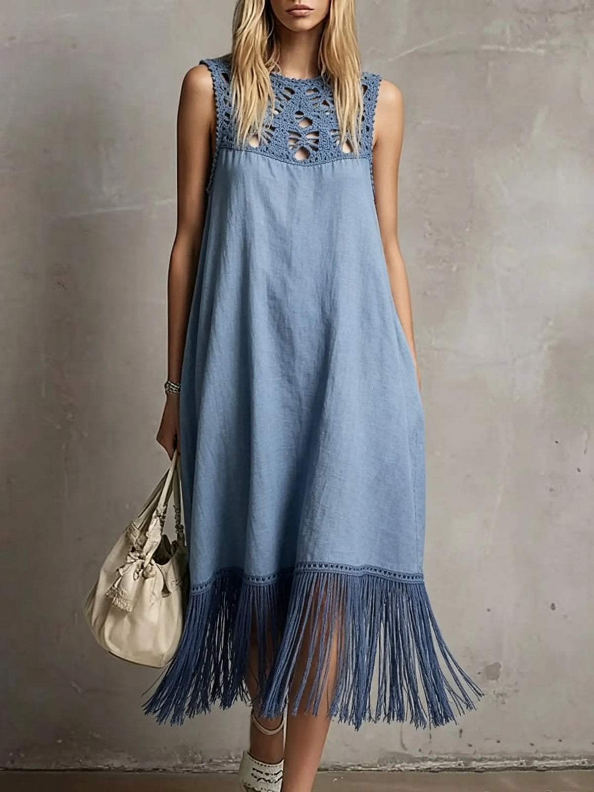 Women's Crochet Hollow Solid Tassel Sleeveless Midi Dress