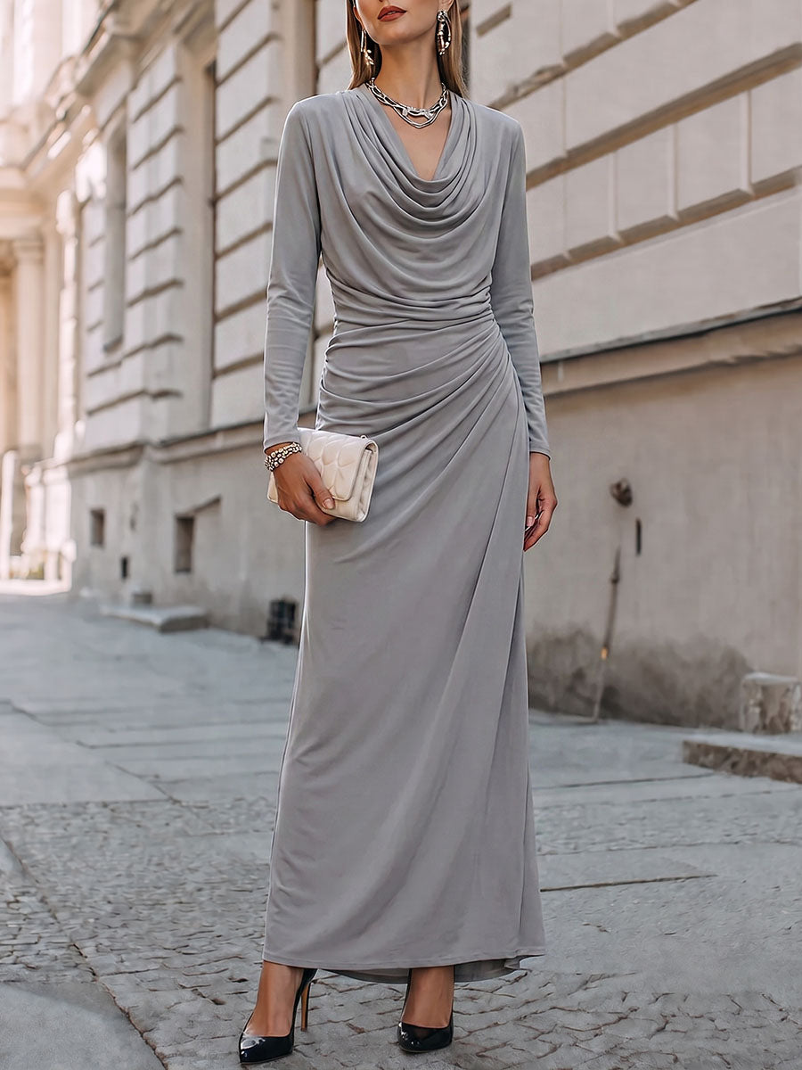 Women's Solid Color Cowl Neck Long-sleeve Casual Loose Dress
