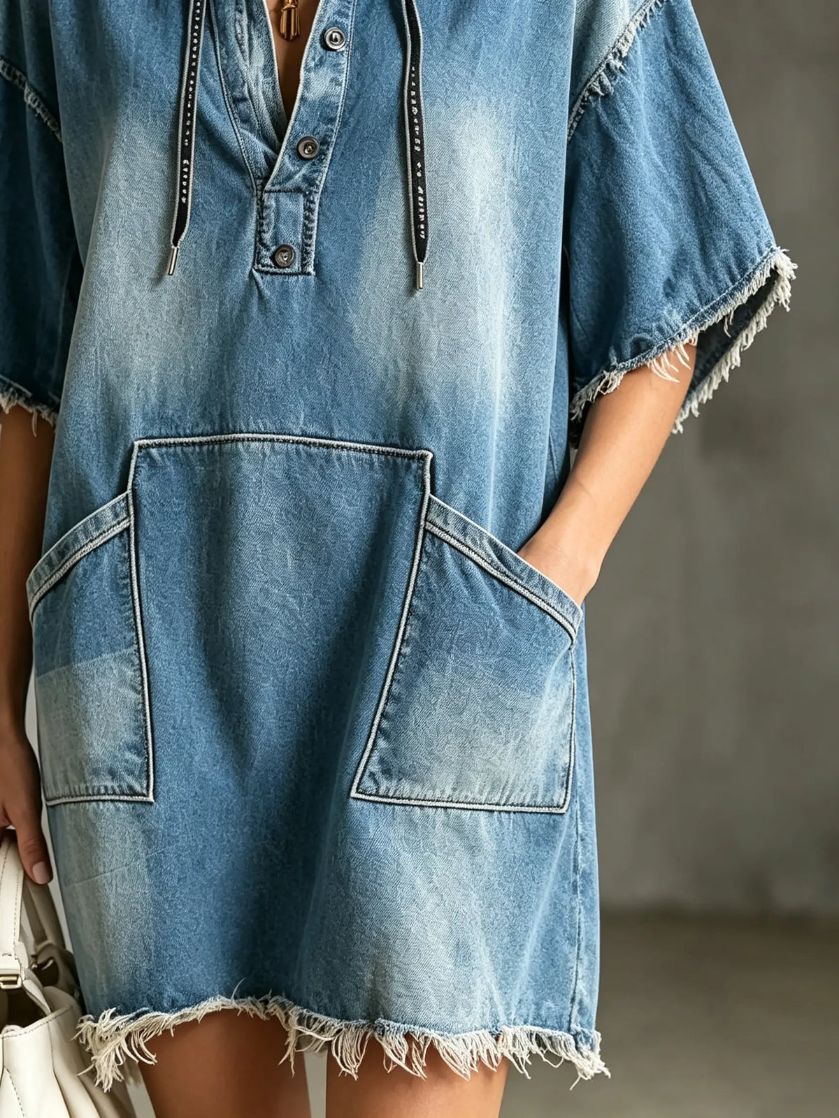 Women's Solid Washed Raw Edge Hooded Pocket Short Sleeve Denim Mini Dress