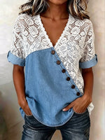 Women's Solid Floral Lace Spliced Denim Diagonal Button Short Sleeve Top
