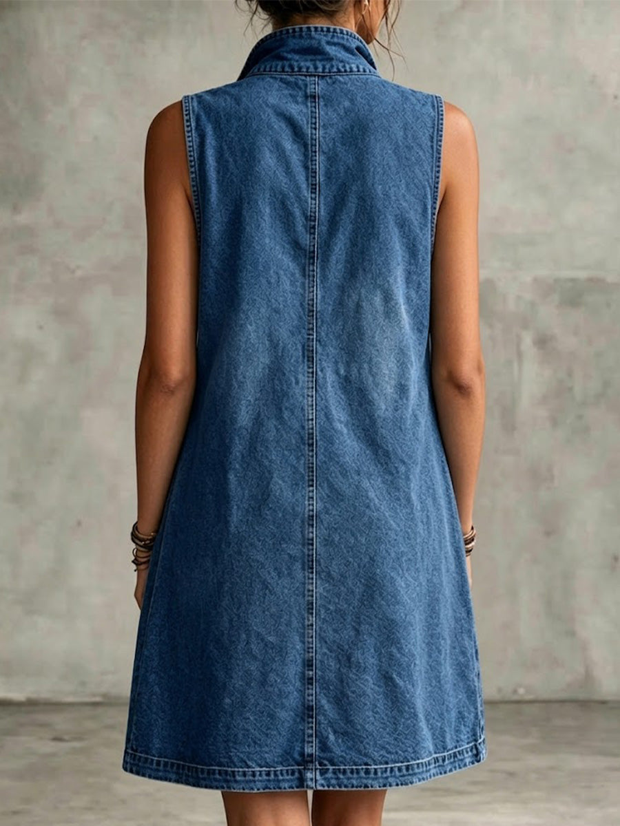 Washed Denim Stand Collar Half Zip Leopard Print Patch Pocket Sleeveless Loose Mini Dress