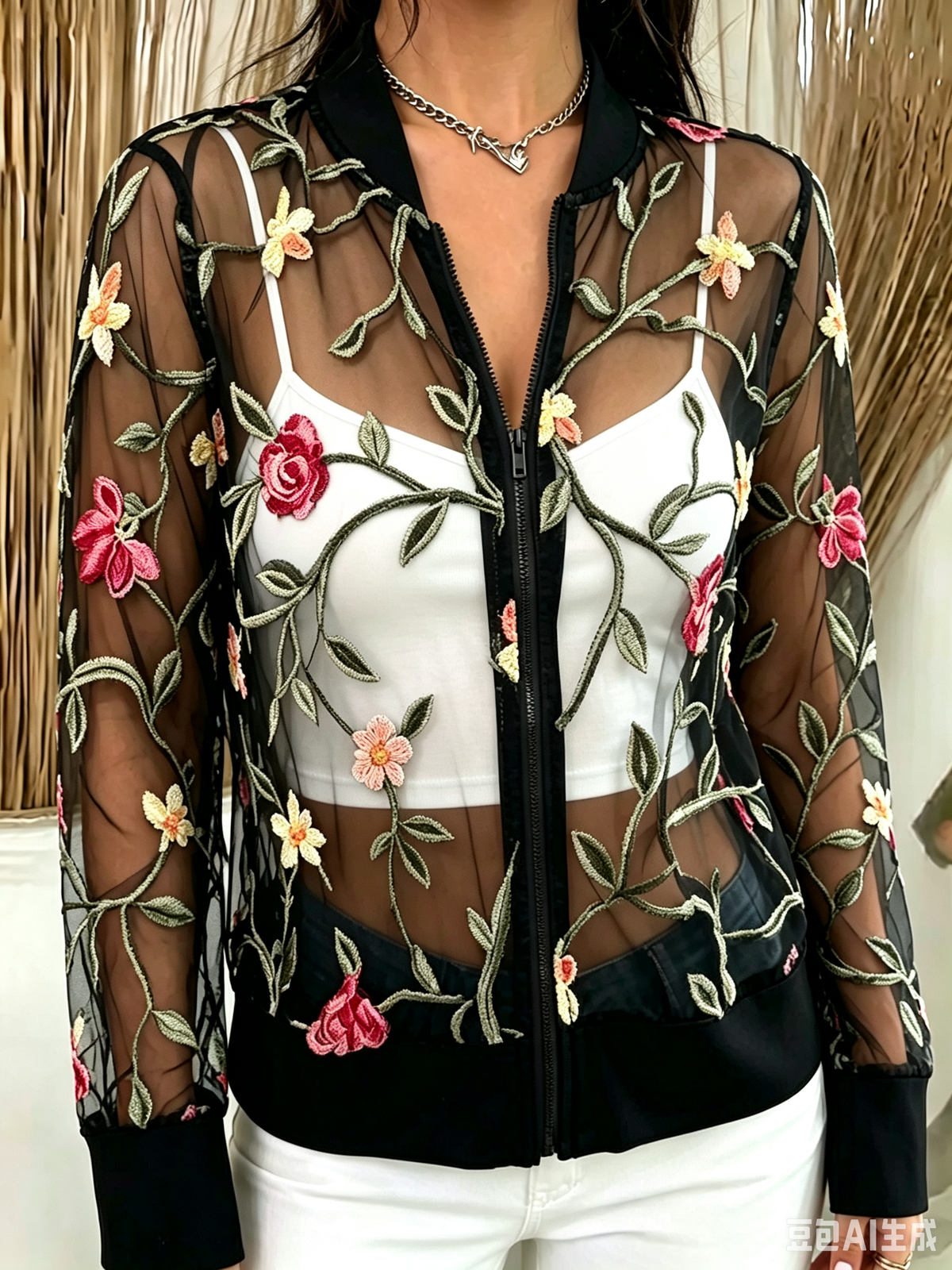 Women’s Sheer Mesh Floral Embroidery Zip Up Stand Collar Bomber Jacket
