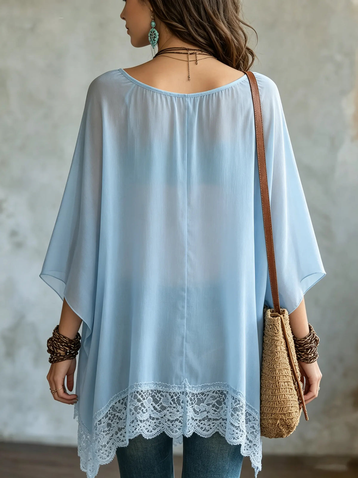 Women's Sheer Chiffon Lace-Trim High-Low Blouse