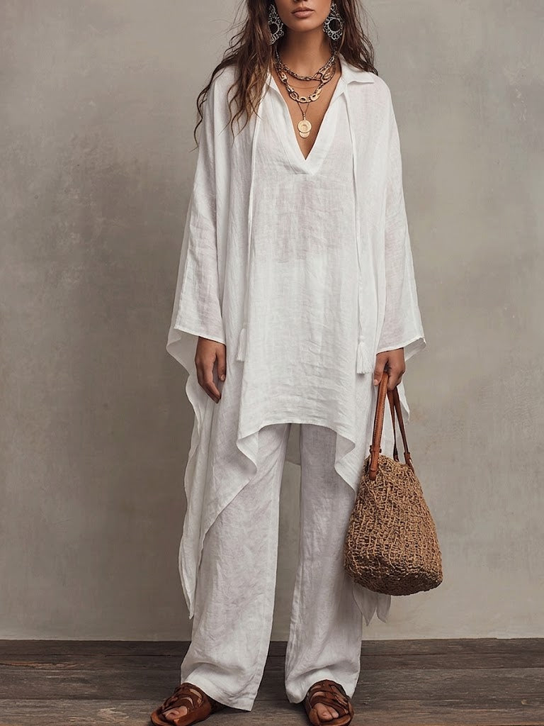 Loose-fit Casual Cotton-linen Shirt And Trousers Two-piece Set