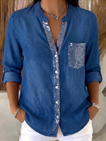 Chic Sequin Embellished Denim-Style Button-Down Top