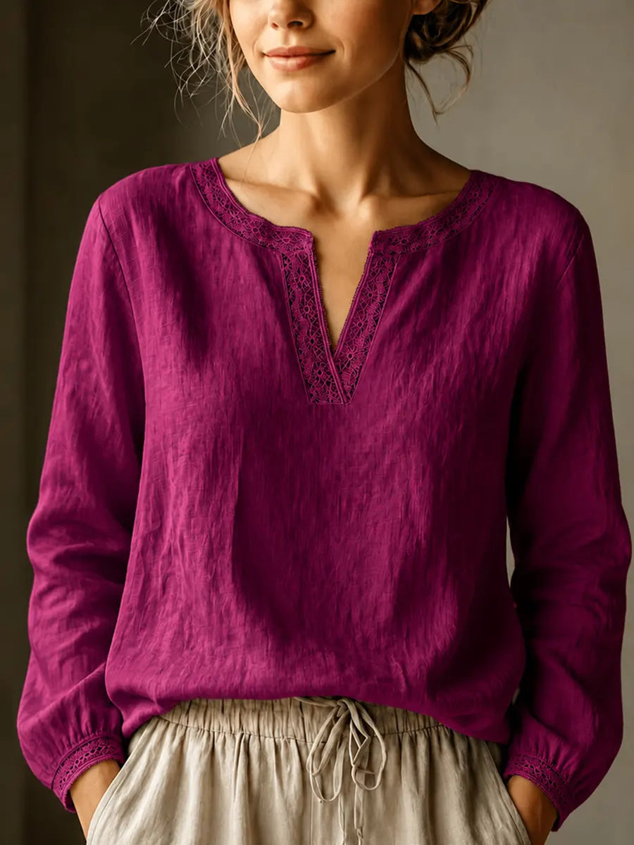 Elegant Linen-Blend Lace-Trim V-Neck Blouse