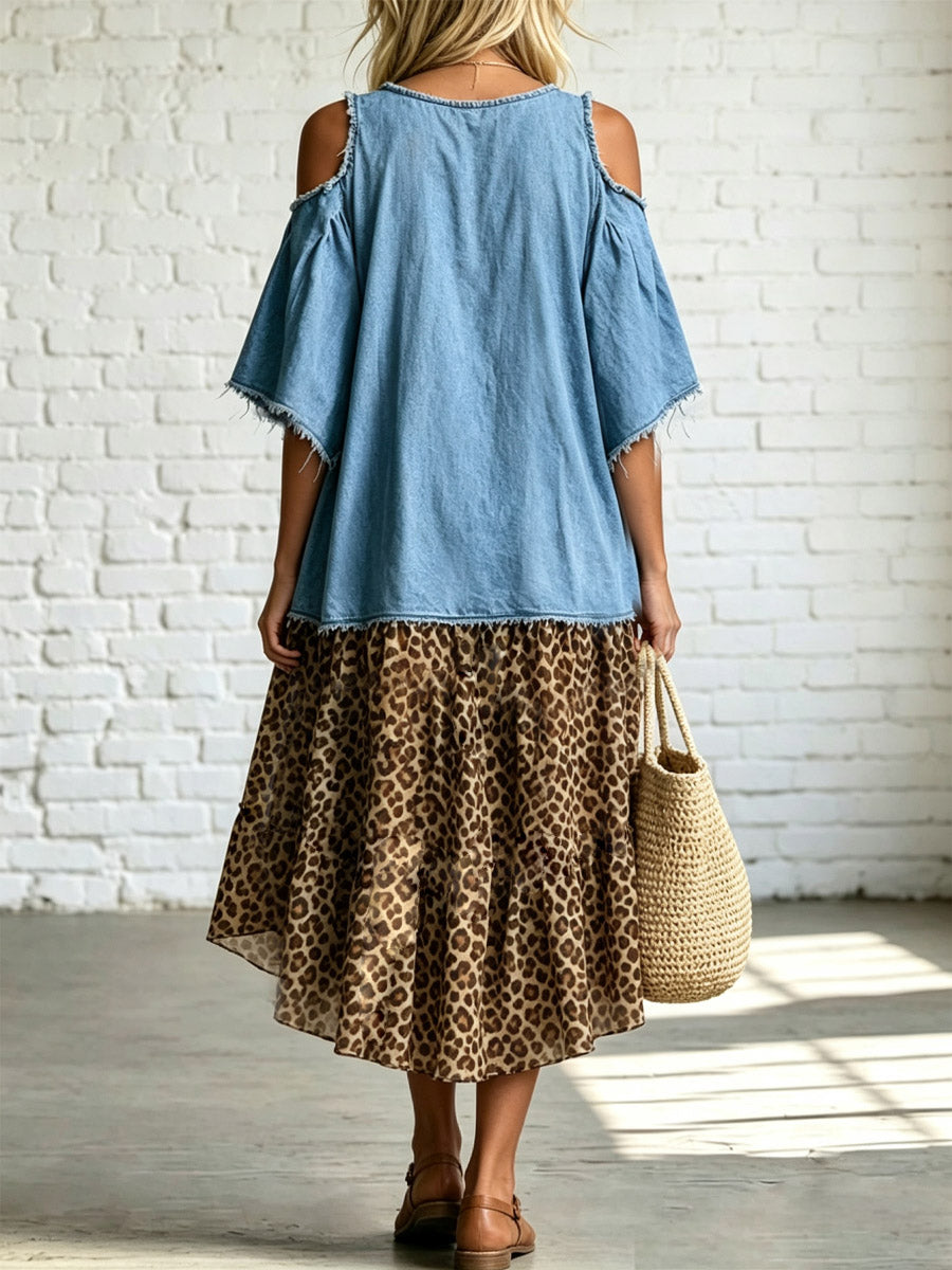 Retro Leopard Pattern Denim Patchwork Loose Art Casual Midi Dress