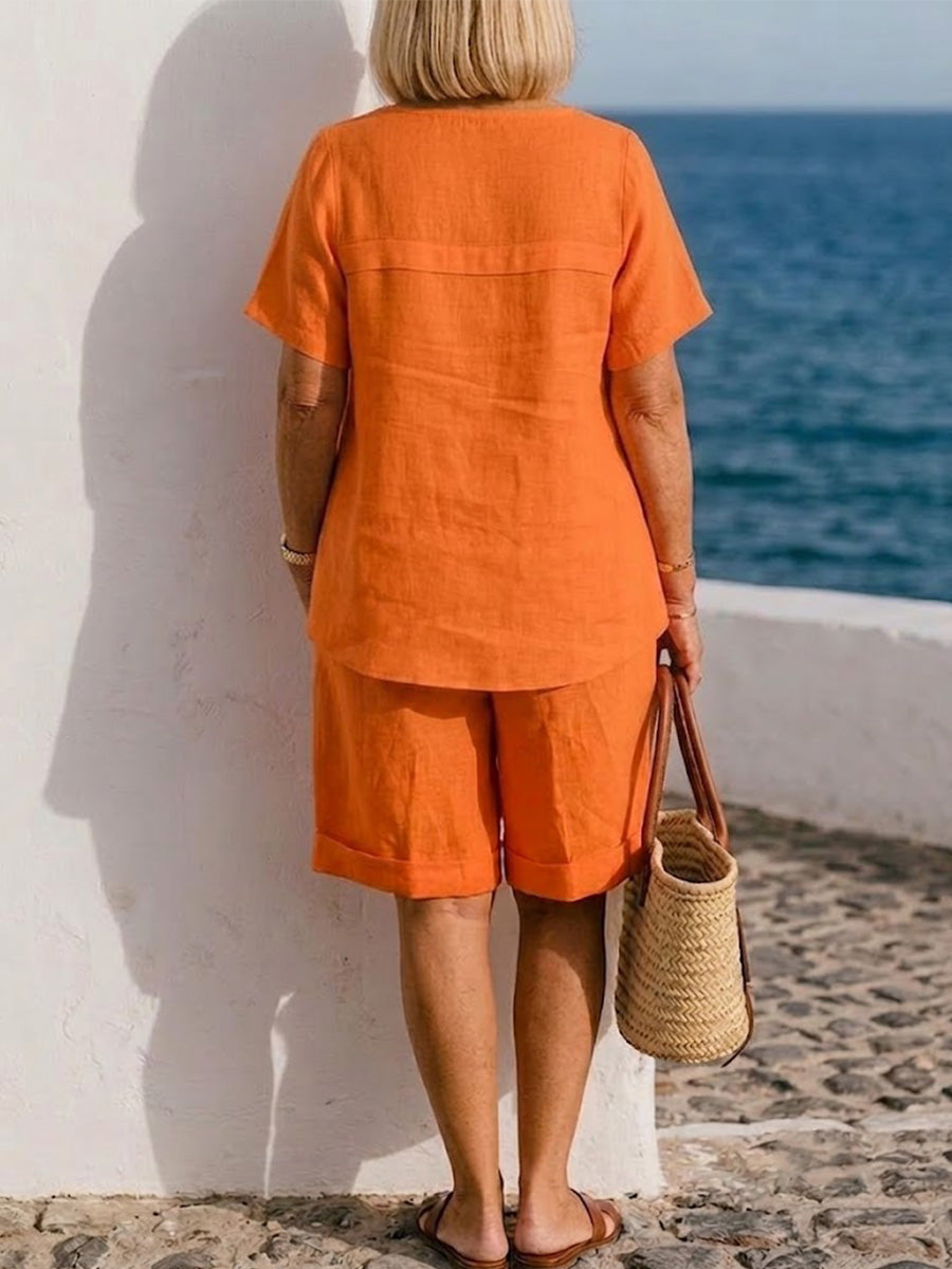 Loose-fitting Cotton-linen Two-piece Set (short-sleeved Top And Shorts)—suitable For Lounging At Home Or Casual Outings