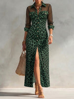 Retro-style Women's Casual Dress Featuring Leopard Print, Mesh Paneling, And A Side Slit