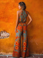 Boho Vintage Cowl-neck Floral Print Jumpsuit