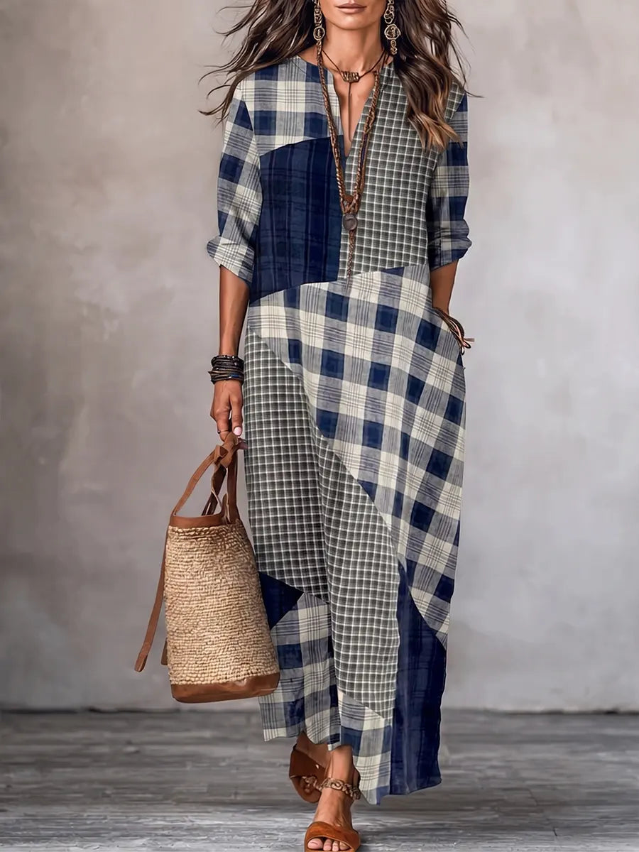 Vintage-Inspired Patchwork Plaid V-Neck Maxi Dress