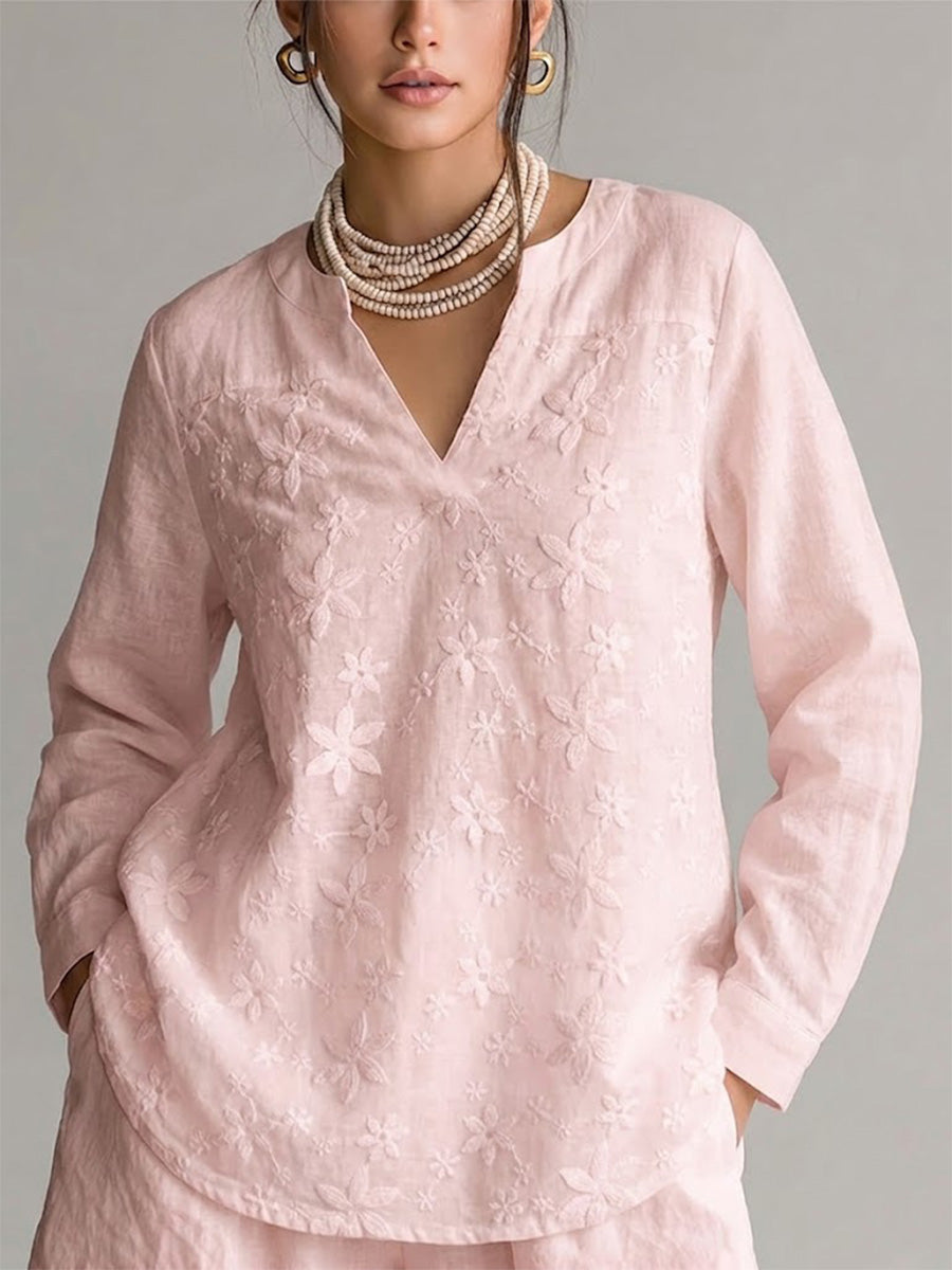 Loose-fit Long-sleeve Cotton Shirt With Lace Embroidery