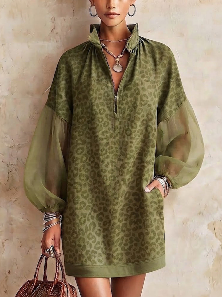 Retro-casual Leopard Print Dress Featuring A Mock Neck, Half-zip, Chiffon Paneling, And Flattering Lantern Sleeves
